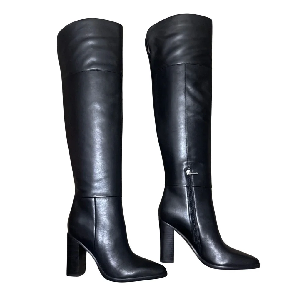 Marc Fisher Lasli Over-the-Knee Boots Womens 9 Black Leather Block Heel NWOT